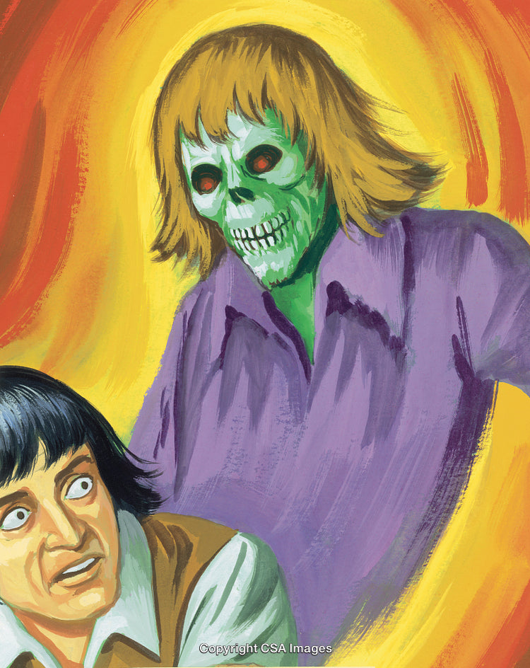 Illustration Depicting a Startling Encounter with a Skeletal Ghostly Apparition