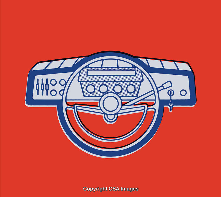 Vintage Dashboard with Steering Wheel on Bold Red Background