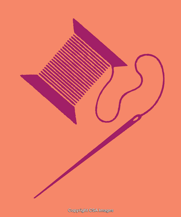 Purple Needle and Thread Illustration on a Coral Background