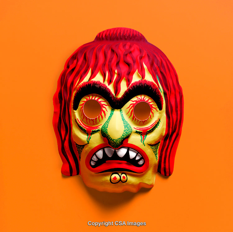 Colorful Vintage Halloween Mask with Red Hair on Orange Background