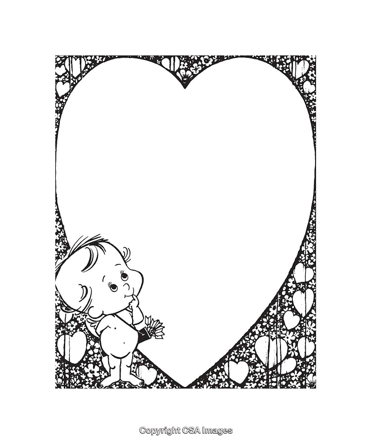 Adorable Cartoon Character with Heart Frame and Floral Accents, Monochrome Art
