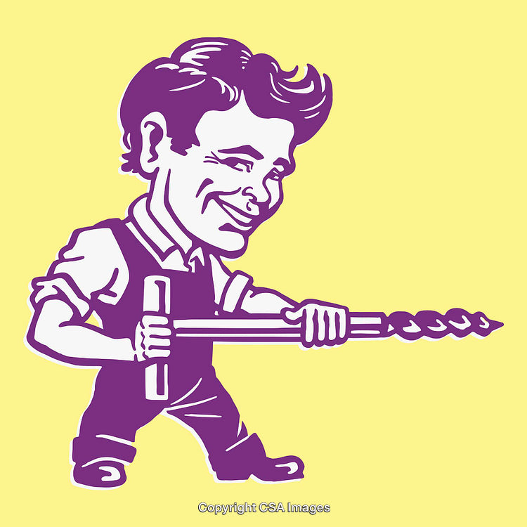 Retro Cartoon Worker Holding a Large Drill on Yellow Background