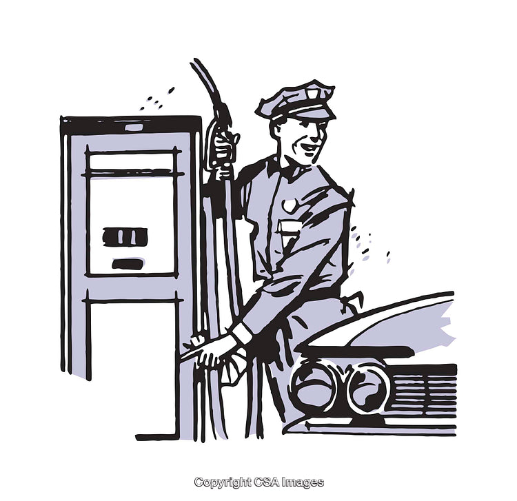 Retro Illustration of a Smiling Attendant Fueling a Vehicle