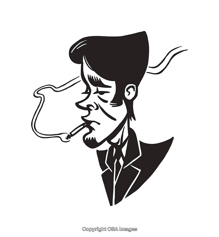 Stylized Black and White Line Art Illustration of a Smoking Man