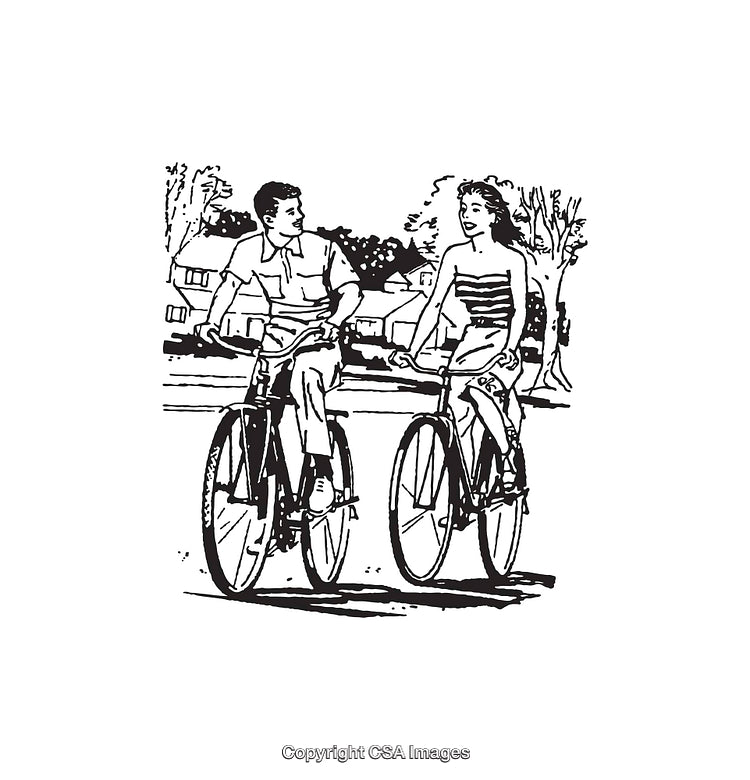Retro Line Art of a Couple Riding Bicycles Together Outdoors