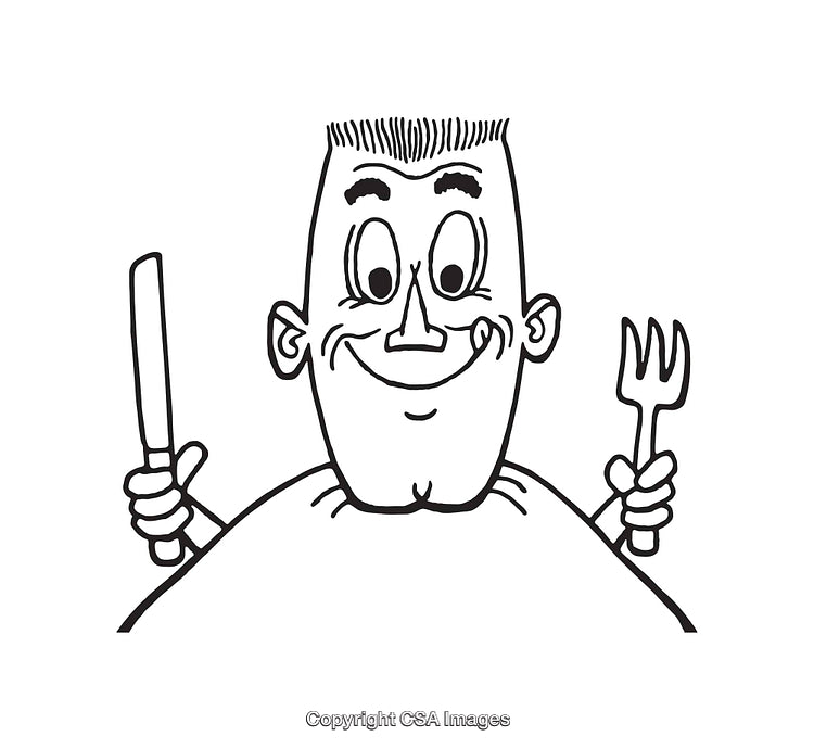 Cartoon Illustration of Happy Man Holding Knife and Fork for Mealtime