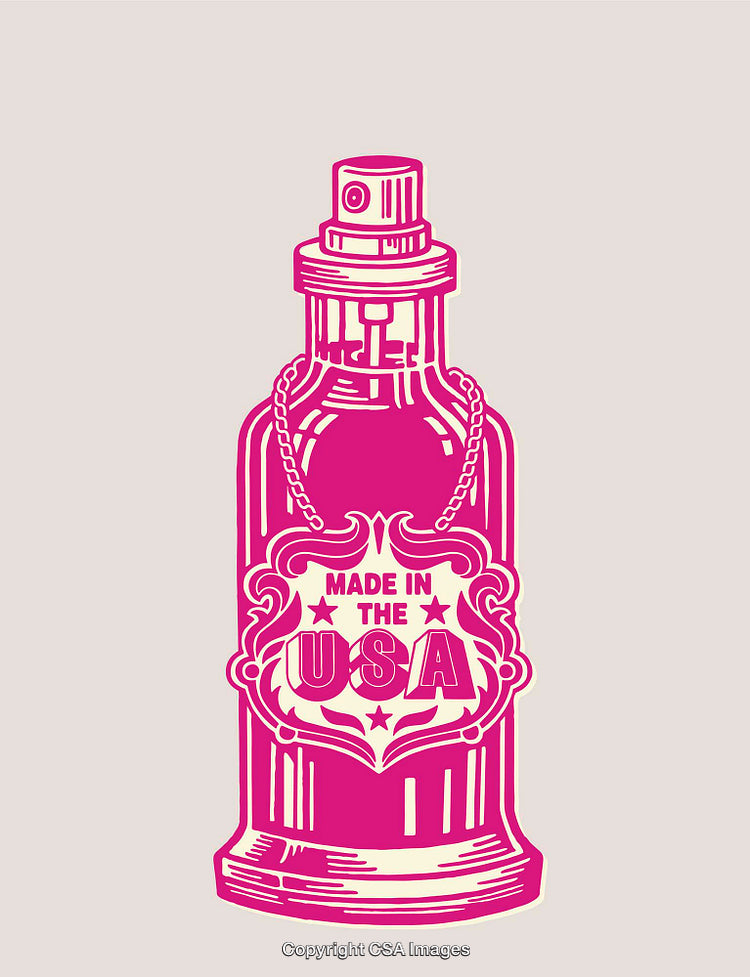 Vintage Perfumery Bottle with "Made in USA" Label in Pink Line Art