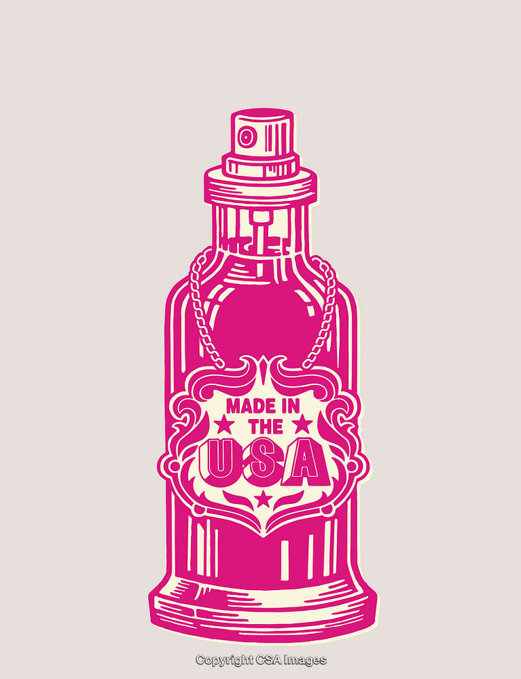Vintage Perfumery Bottle with "Made in USA" Label in Pink Line Art