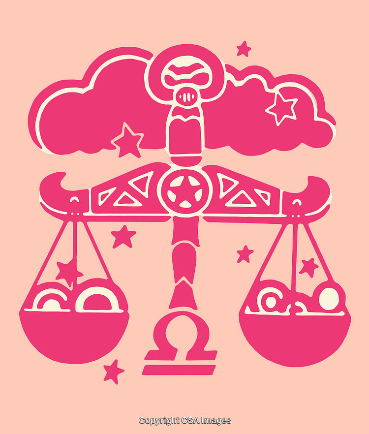 Pink Libra Zodiac Illustration Featuring Scales and Stars on Pastel Background