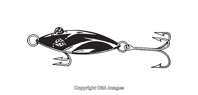 Black and White Line Art Illustration of a Fishing Lure with Hooks