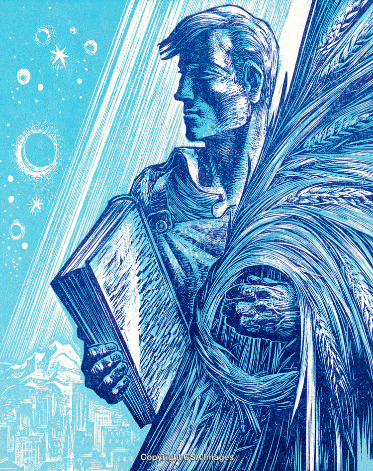 Vintage Style Artwork Featuring Man Holding Book with Cosmic Background