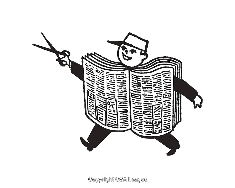 Vintage Black and White Line Art of a Newspaper Character