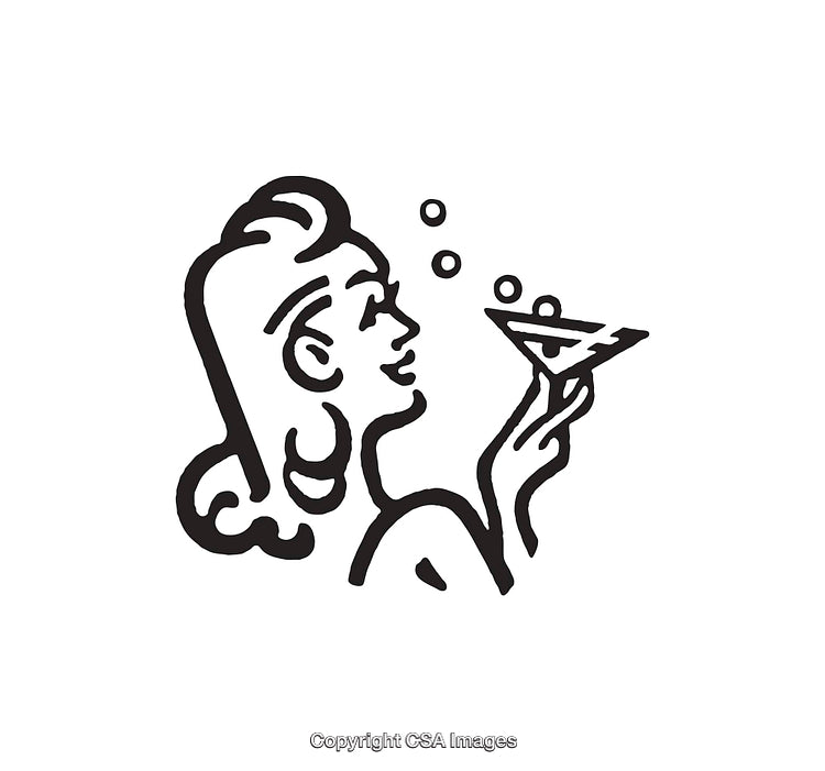 Black and White Line Art of a Woman Enjoying a Cocktail Drink