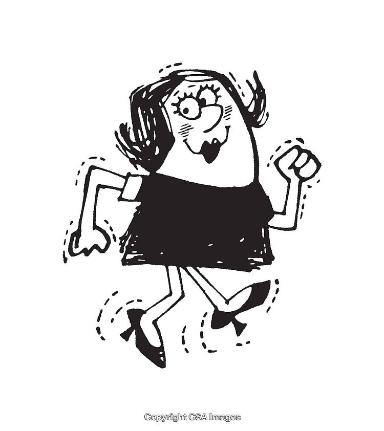 Cheerful Black and White Line Art Cartoon of a Happy Dancing Woman