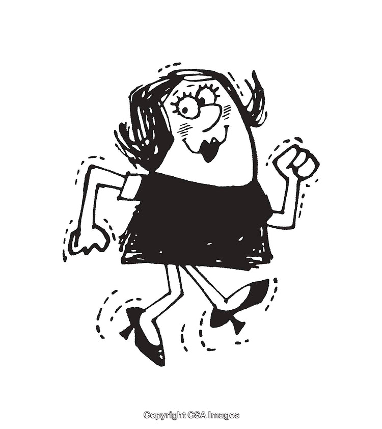Cheerful Black and White Line Art Cartoon of a Happy Dancing Woman