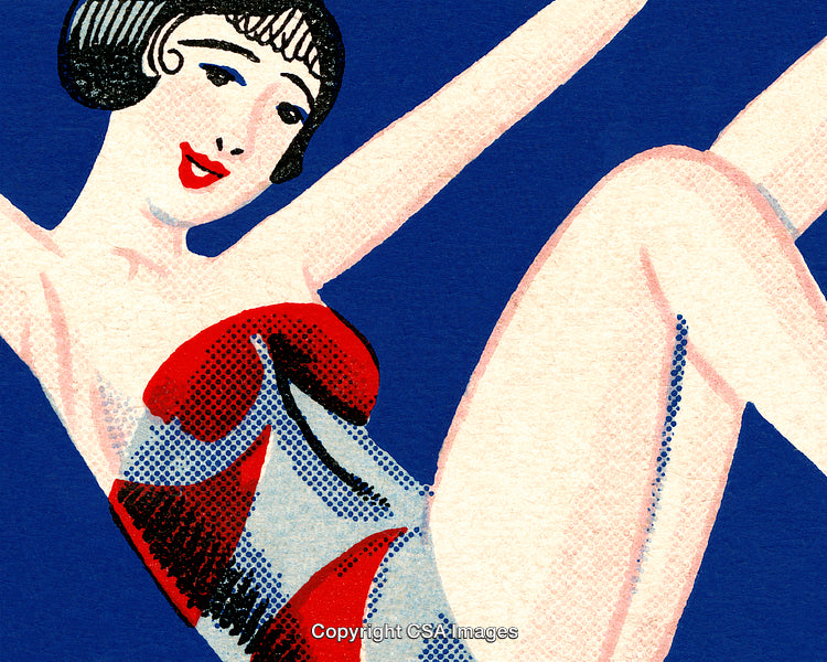 Vintage-Inspired Art Deco Illustration of a Cheerful Woman in Red Swimsuit