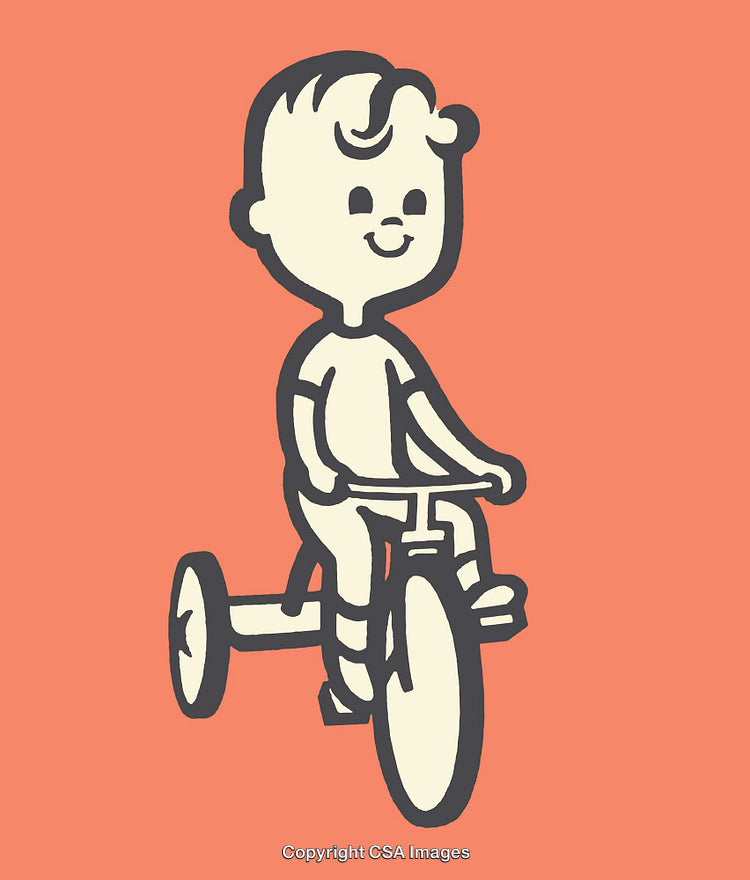 Cartoon Illustration of a Happy Child Riding a Tricycle