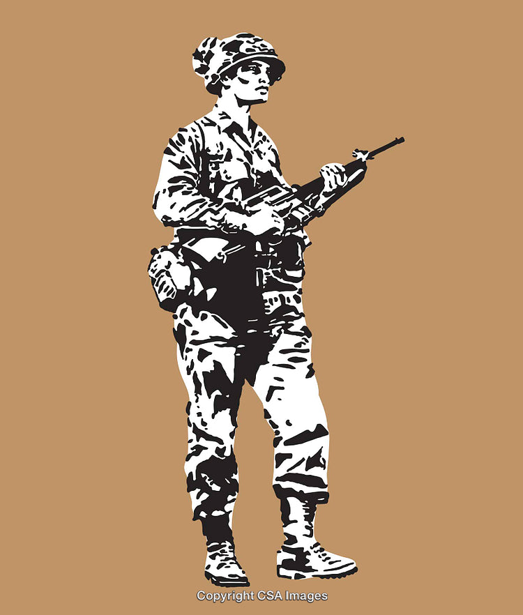Monochrome Line Art of Soldier in Military Gear Holding a Weapon