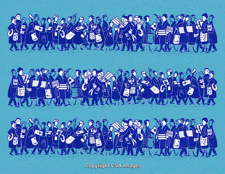 Illustrated Holiday Shoppers During Winter Season Carrying Festive Gifts and Packages
