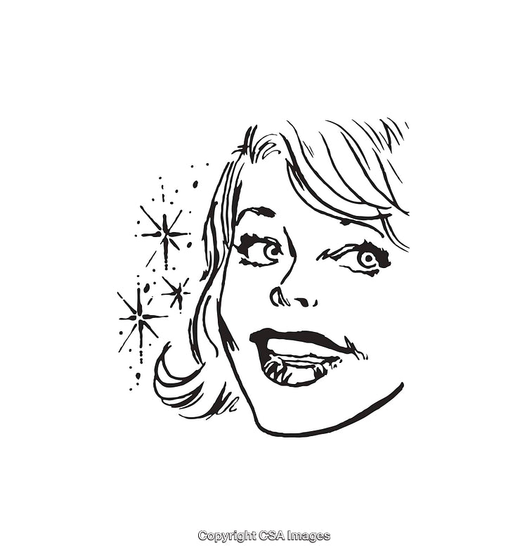Retro Black and White Illustration of a Smiling Woman with Sparkling Details