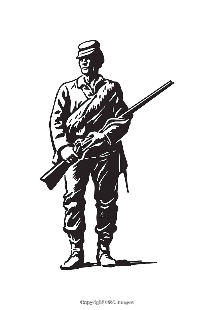 Black and White Illustration of a Soldier with Rifle in Historical Outfit