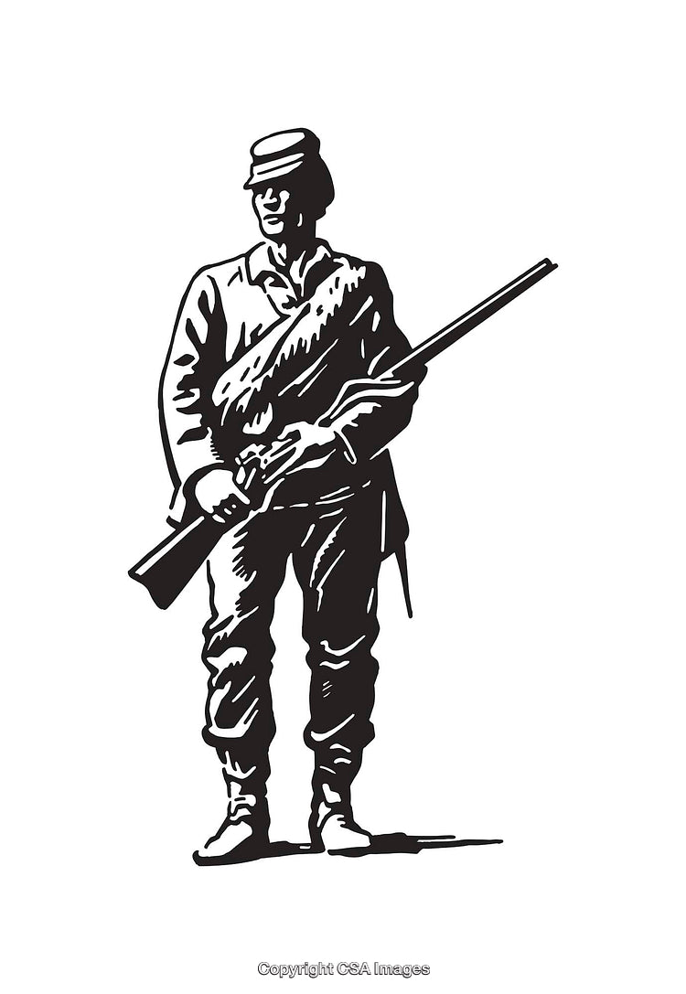 Black and White Illustration of a Soldier with Rifle in Historical Outfit