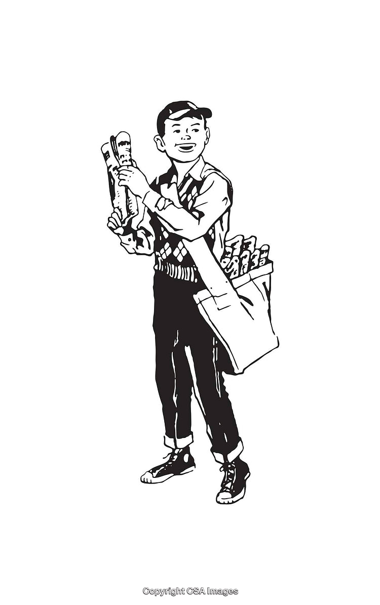 Vintage Line Art of a Paper Boy Delivering Newspapers