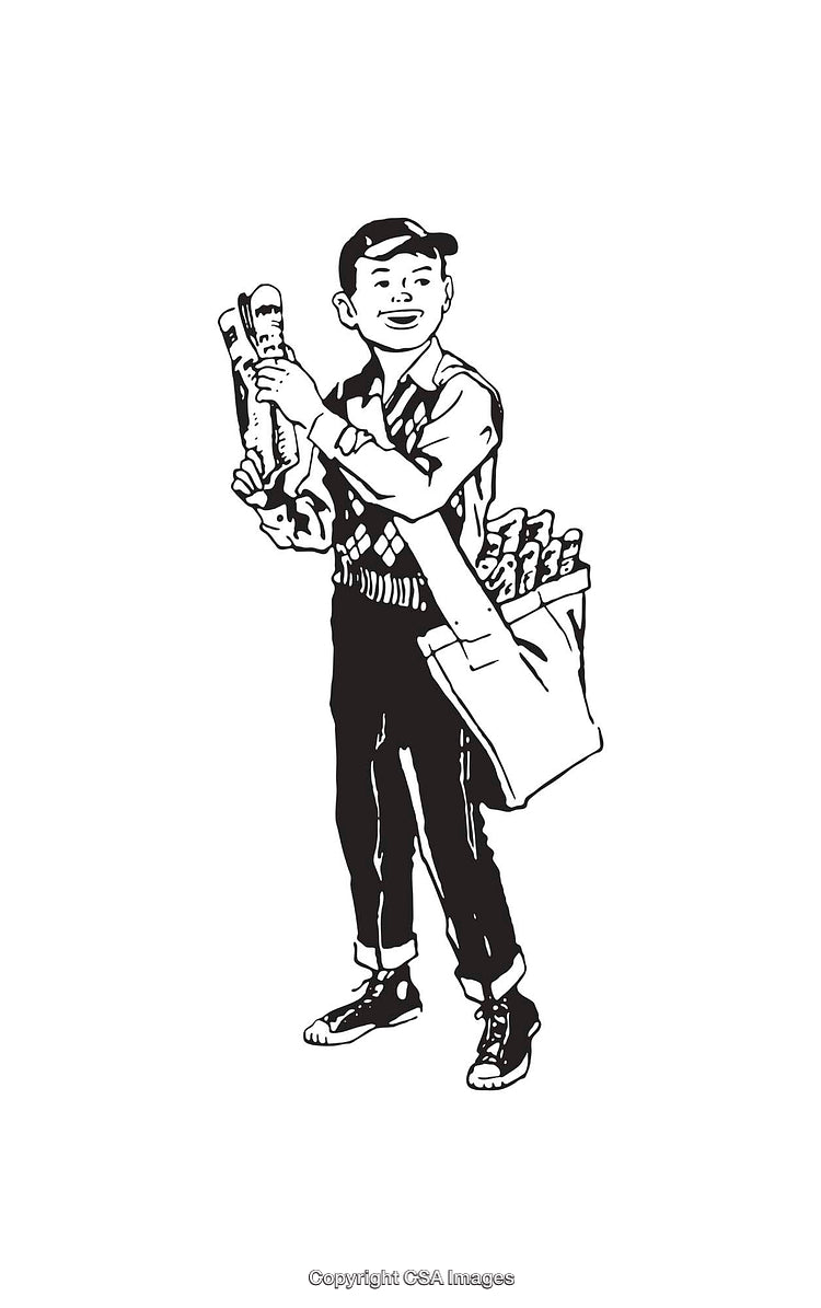 Vintage Line Art of a Paper Boy Delivering Newspapers