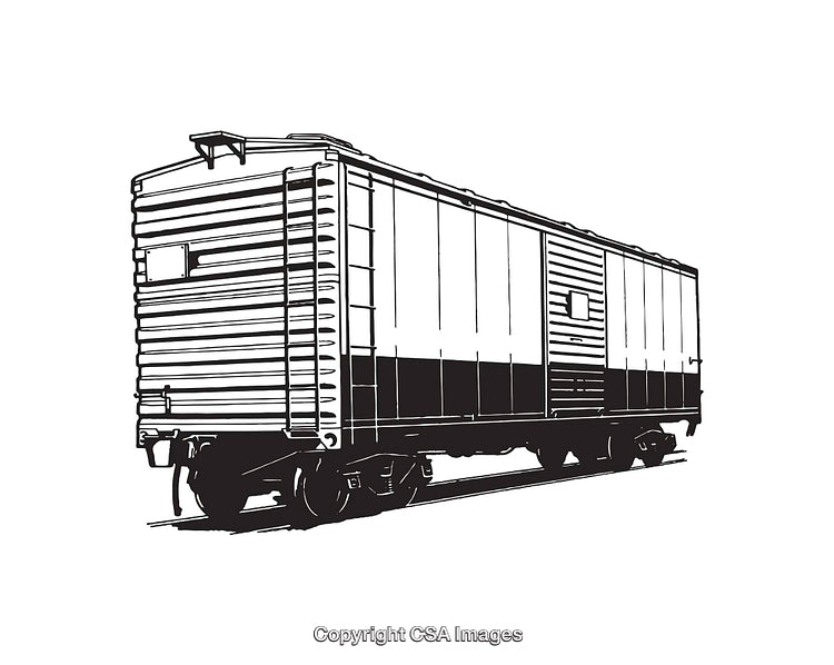 Black and White Line Art of a Boxcar Railway Freight Train
