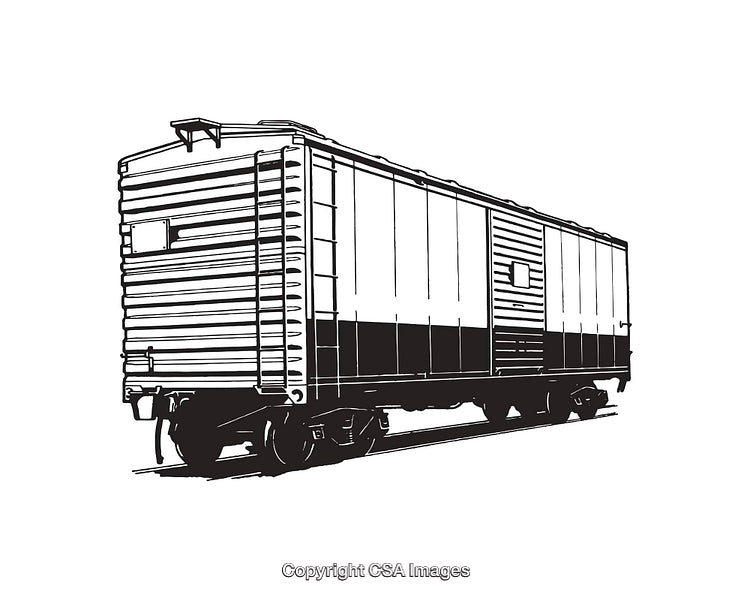 Black and White Line Art of a Boxcar Railway Freight Train