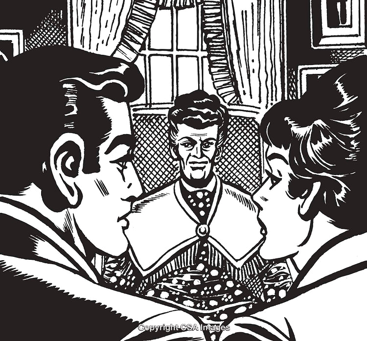 Vintage Illustration of Three People in Discussion in a Formal Setting