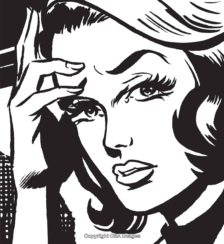 Retro Pop Art Style Illustration of a Thoughtful Woman in Monochrome
