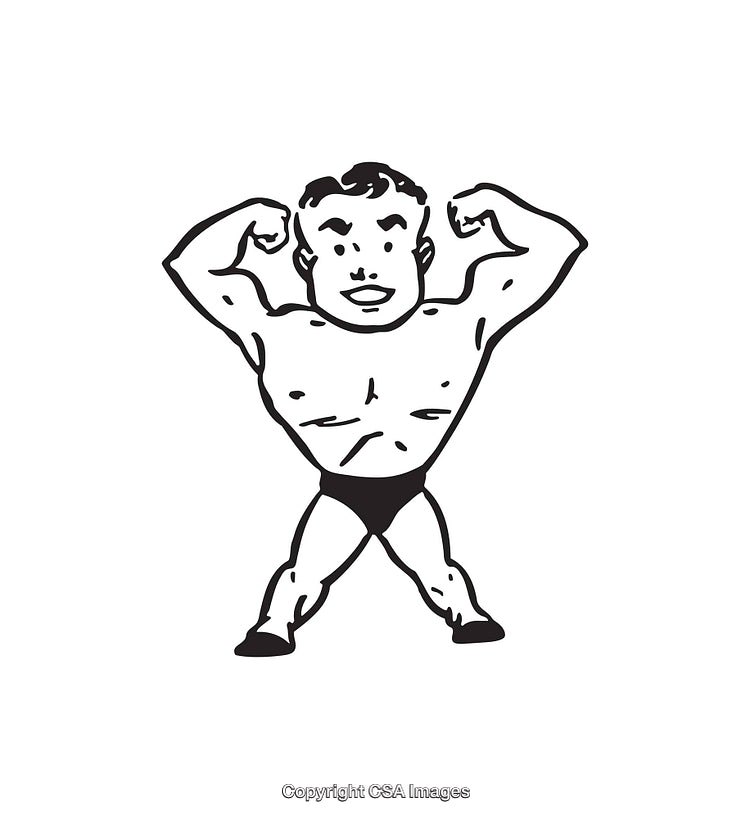 Retro Black And White Line Art Illustration of a Strongman Flexing Muscles