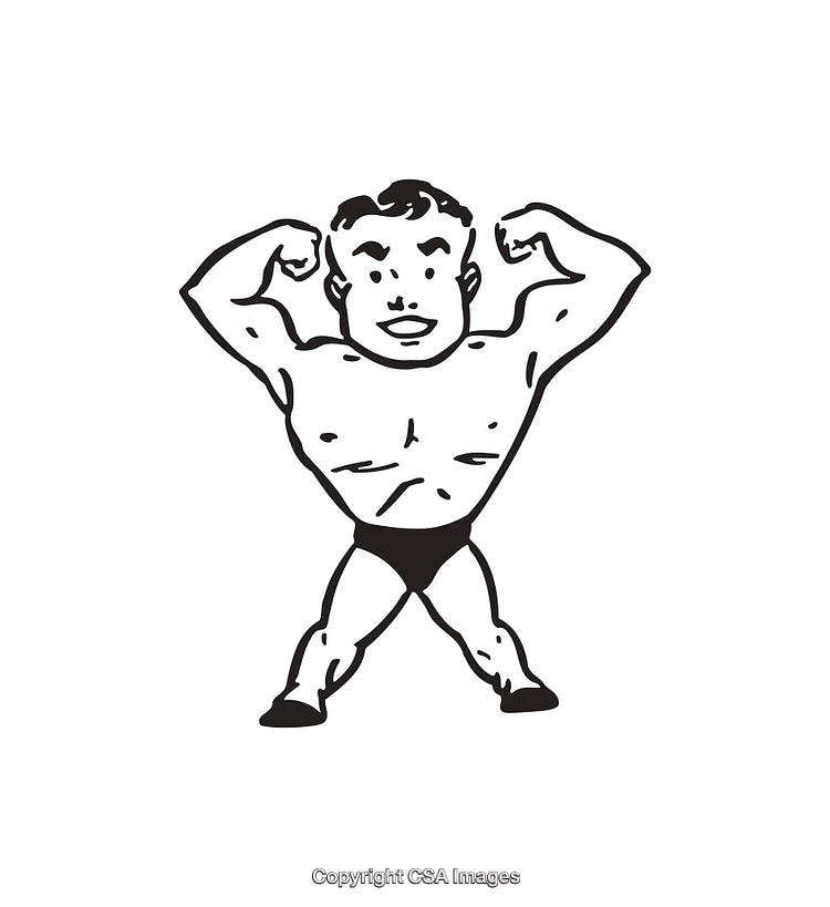 Retro Black And White Line Art Illustration of a Strongman Flexing Muscles
