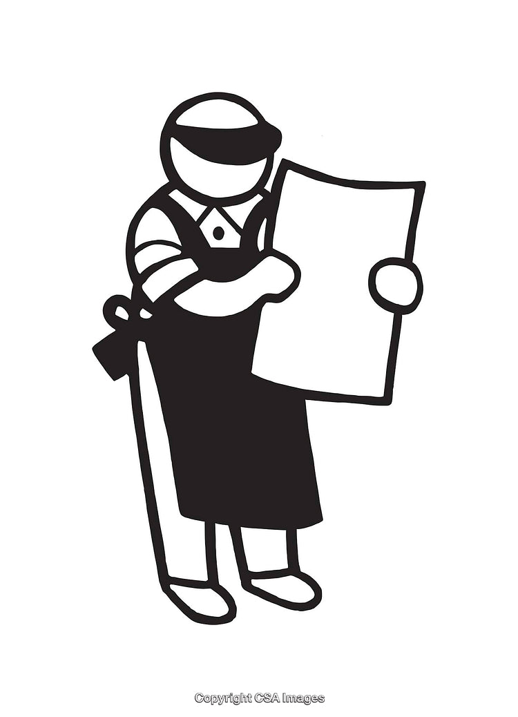 Black and White Line Art of a Worker Holding a Sheet of Paper