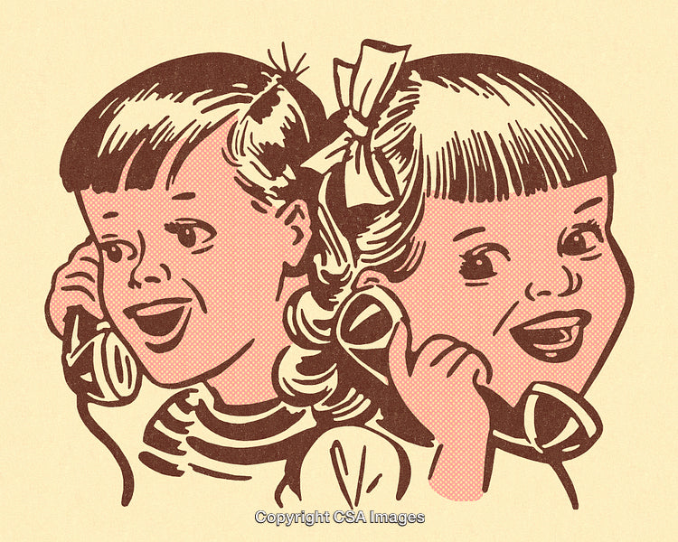 Retro Illustration of Two Children Talking on Telephones with Joyful Expressions