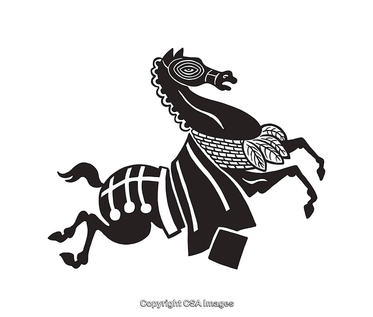 Black And White Illustration of a Stylized Prancing Horse