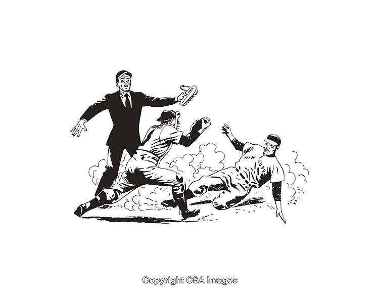 Black and White Line Art of a Baseball Play Interaction