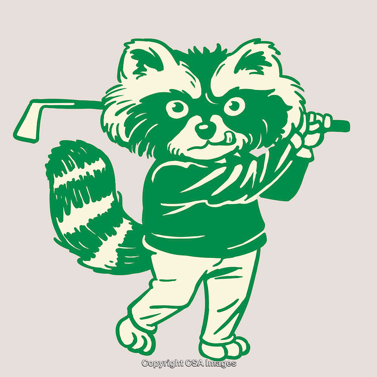 Colorful Cartoon Illustration of a Raccoon Playing Golf in Unique Line Art