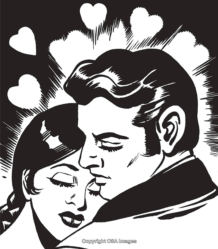 Vintage Illustration of Romantic Couple Embracing With Hearts in Background