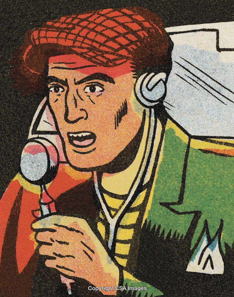 Retro Comic Illustration of an Expressive Reporter Holding a Microphone