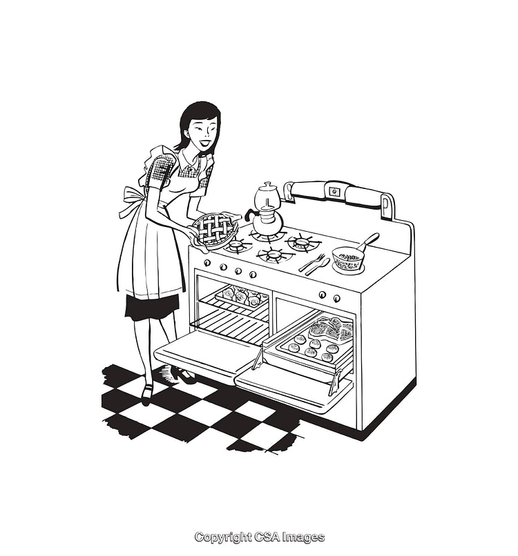 Retro Line Art Kitchen Scene with Baking and Homemaker Activities