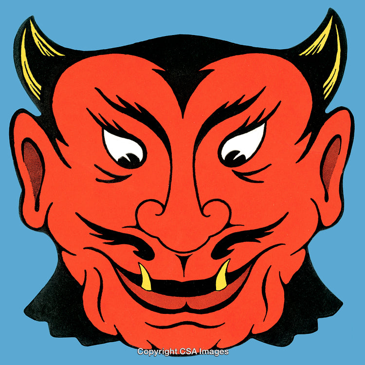 Illustration of a Red Devil Face with Horns in Vintage Style