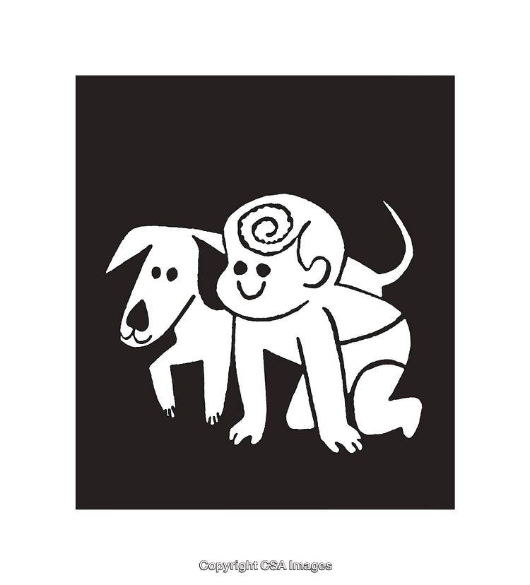 Playful Line Art Illustration of a Dog and Baby Together