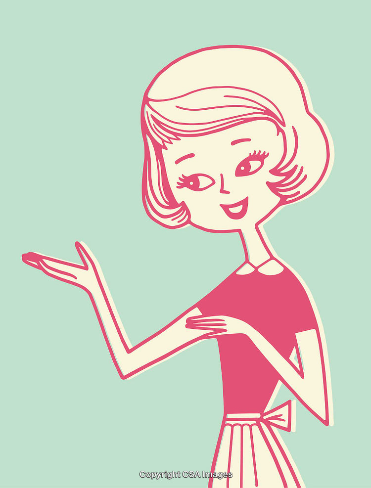 Retro Styled Woman Presenting in Artistic Line Art Illustration