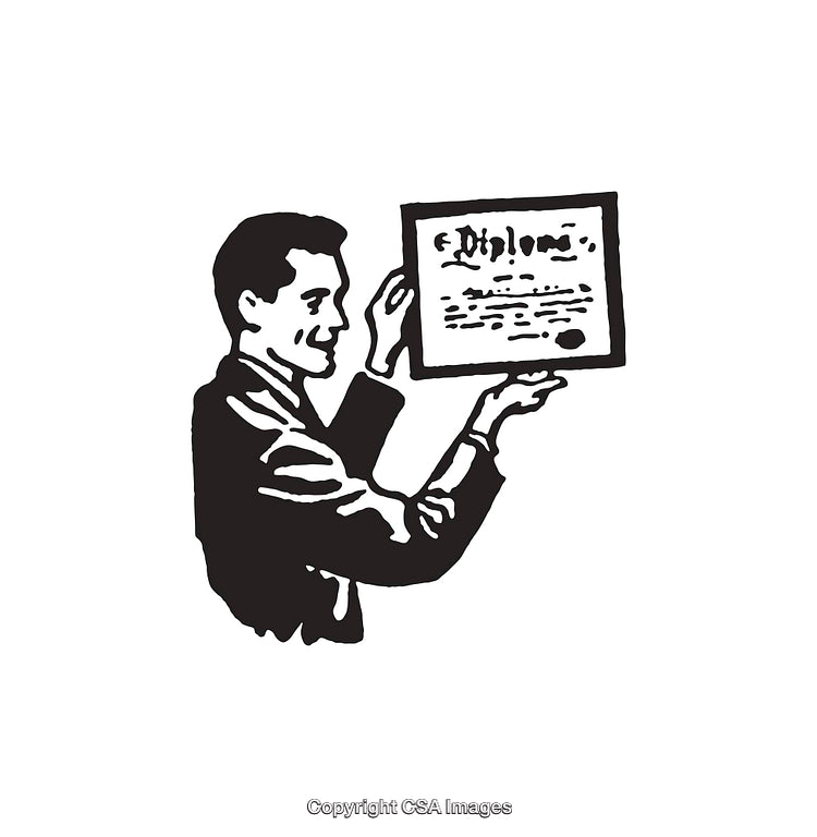 Black and White Illustration of a Man Holding a Diploma