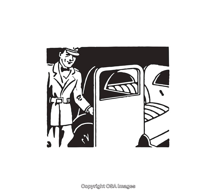 Man in Trench Coat Opening Car Door Black and White Line Art