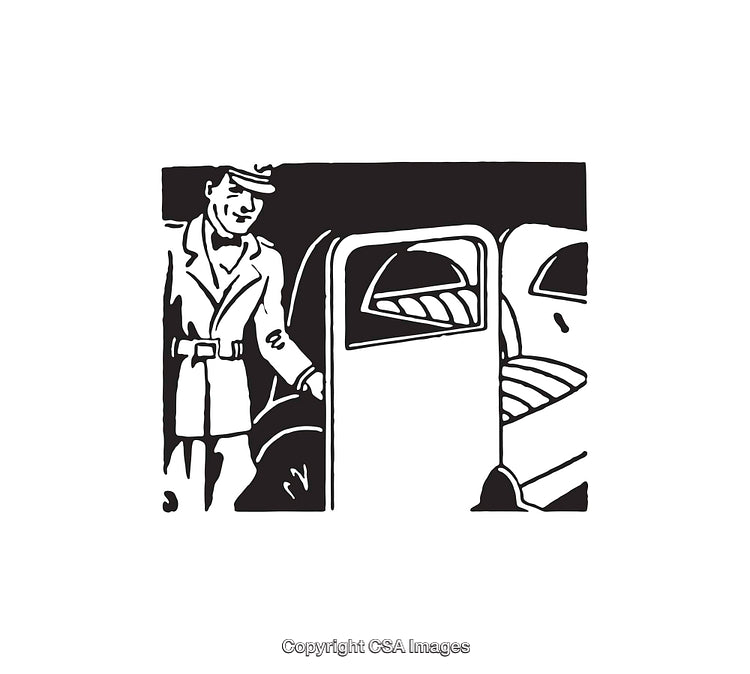 Man in Trench Coat Opening Car Door Black and White Line Art