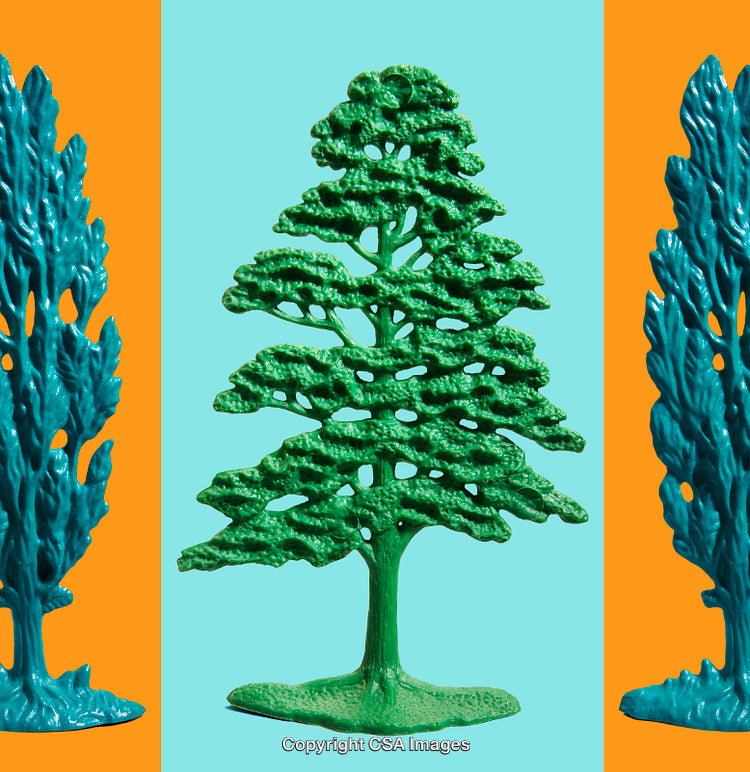 Colorful Plastic Tree Figures with Vibrant Background Composition
