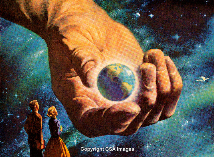 A Hand Holding Earth Against a Starry Space Background